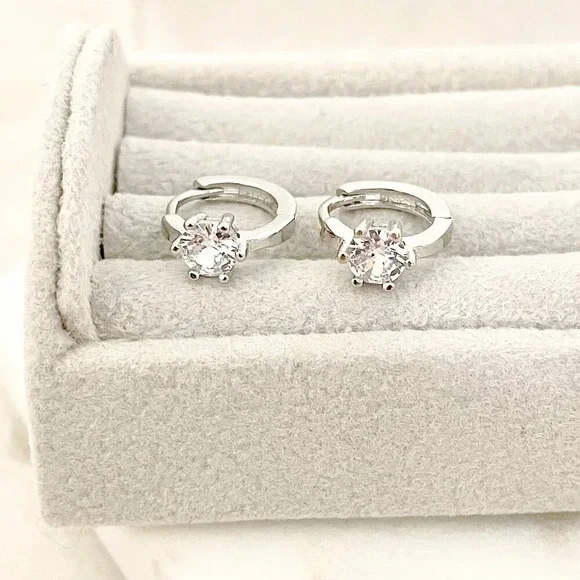 925 Sterling Silver Diamond Huggie Hoop Earrings Silver Huggie Earrings - Picture 2 of 6